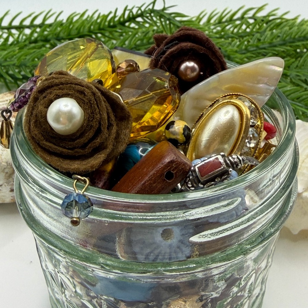 Assorted Jewelry and Bead Soup 🥣 in Baby Jelly Jar Ring and Many Treasures